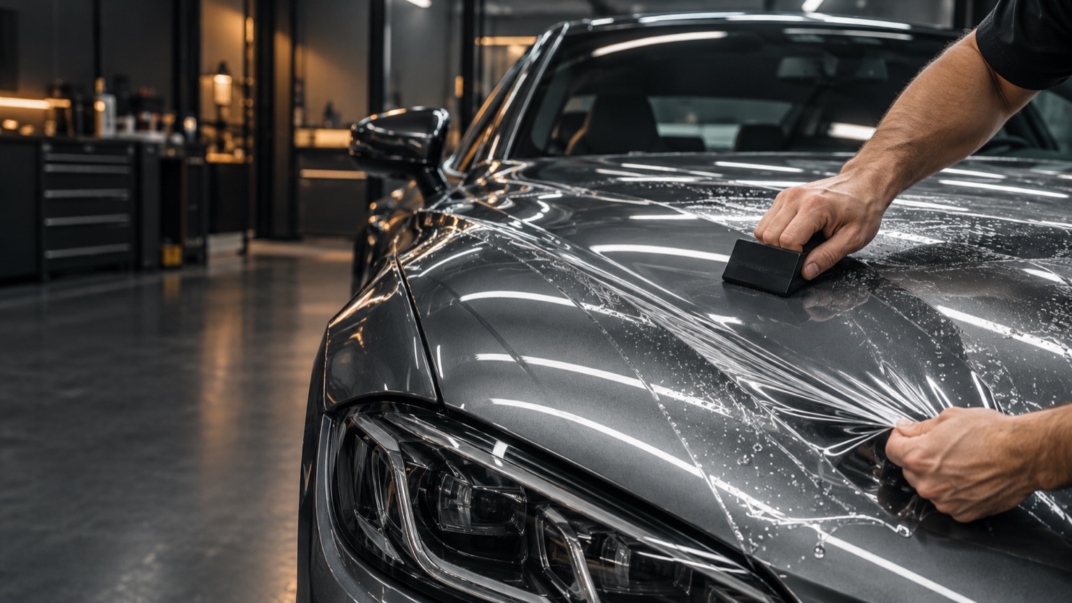 Illustrative scene of a technician fitting transparent paint protection film to a sports car hood